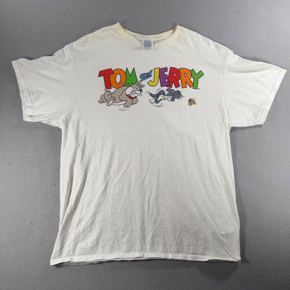 Vintage Tom and Jerry Delta Pro Weight Graphic T-Shirt White Large Mens Cartoon